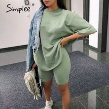 Charger l'image dans la galerie, Simplee Casual solid outfits women's two piece suit with belt Home loose sports tracksuits fashion bicycle suit summer hot 2020