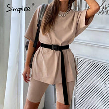 Charger l&#39;image dans la galerie, Simplee Casual solid outfits women&#39;s two piece suit with belt Home loose sports tracksuits fashion bicycle suit summer hot 2020
