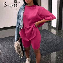 Charger l&#39;image dans la galerie, Simplee Casual solid outfits women&#39;s two piece suit with belt Home loose sports tracksuits fashion bicycle suit summer hot 2020
