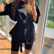 Charger l&#39;image dans la galerie, Simplee Casual solid outfits women&#39;s two piece suit with belt Home loose sports tracksuits fashion bicycle suit summer hot 2020
