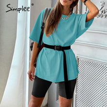 Charger l&#39;image dans la galerie, Simplee Casual solid outfits women&#39;s two piece suit with belt Home loose sports tracksuits fashion bicycle suit summer hot 2020
